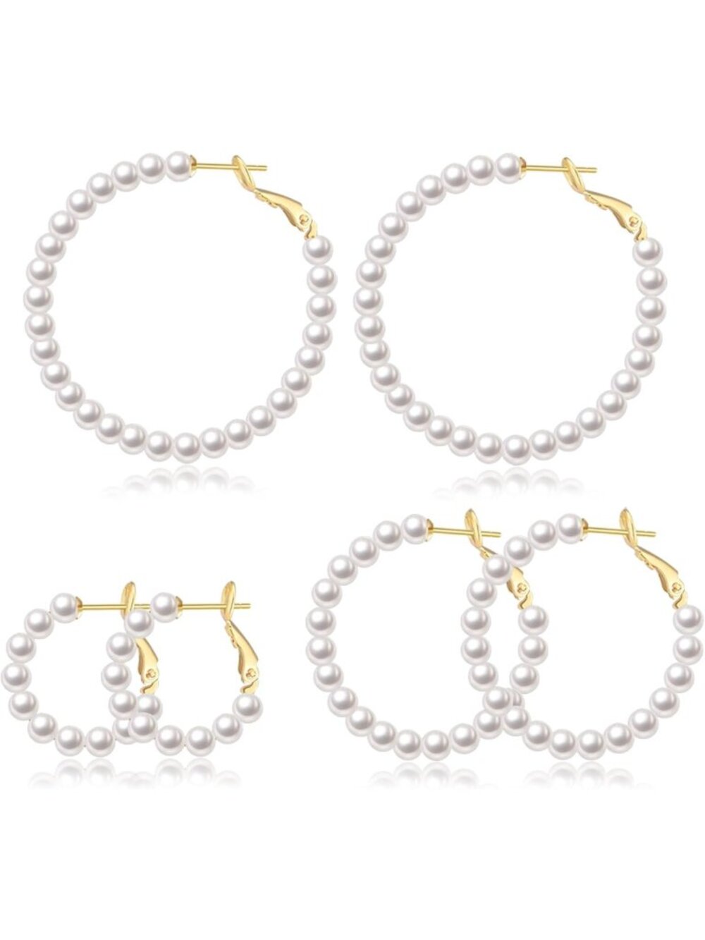 Elegant Pearl Hoop Earrings - 3 Pairs 14K Gold Plated & Silver Big Hoops